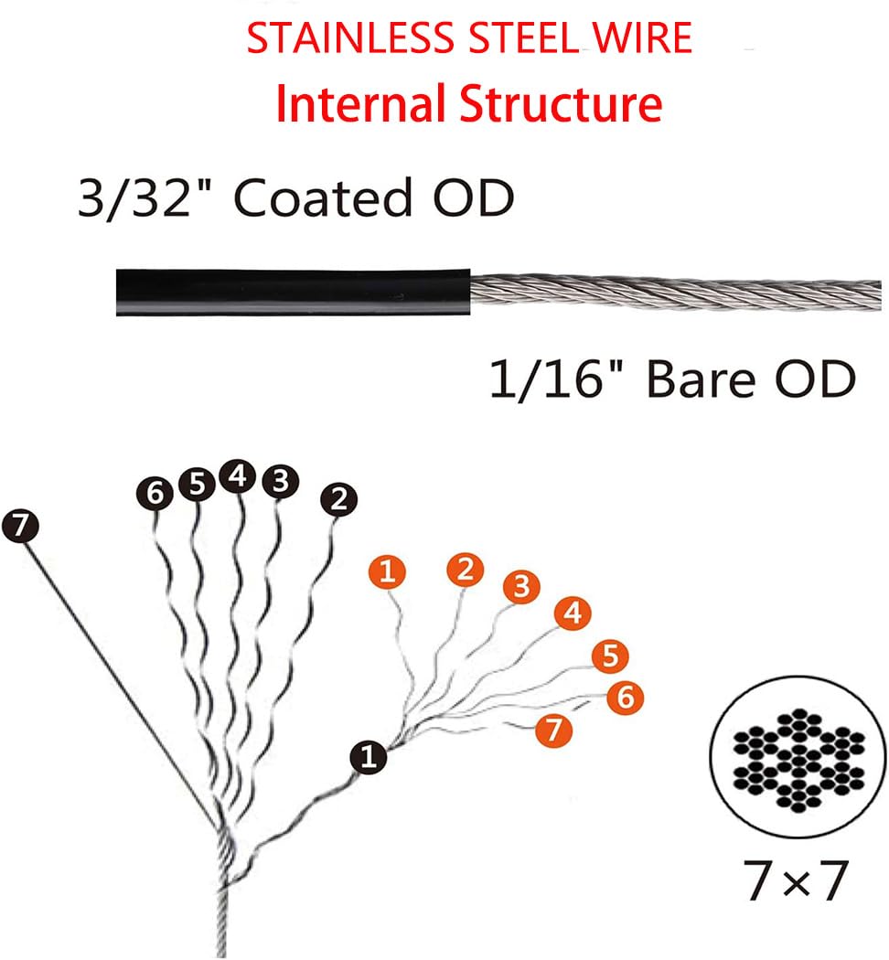 Byshun Outdoor Lights Hanging Kit,Globe String Light Suspension Kit,100Ft Black Vinyl-Coated 304 Stainless Steel Guide Wire Cable,Include Wire Rope Tension Turnbuckle And Eye Hooks
