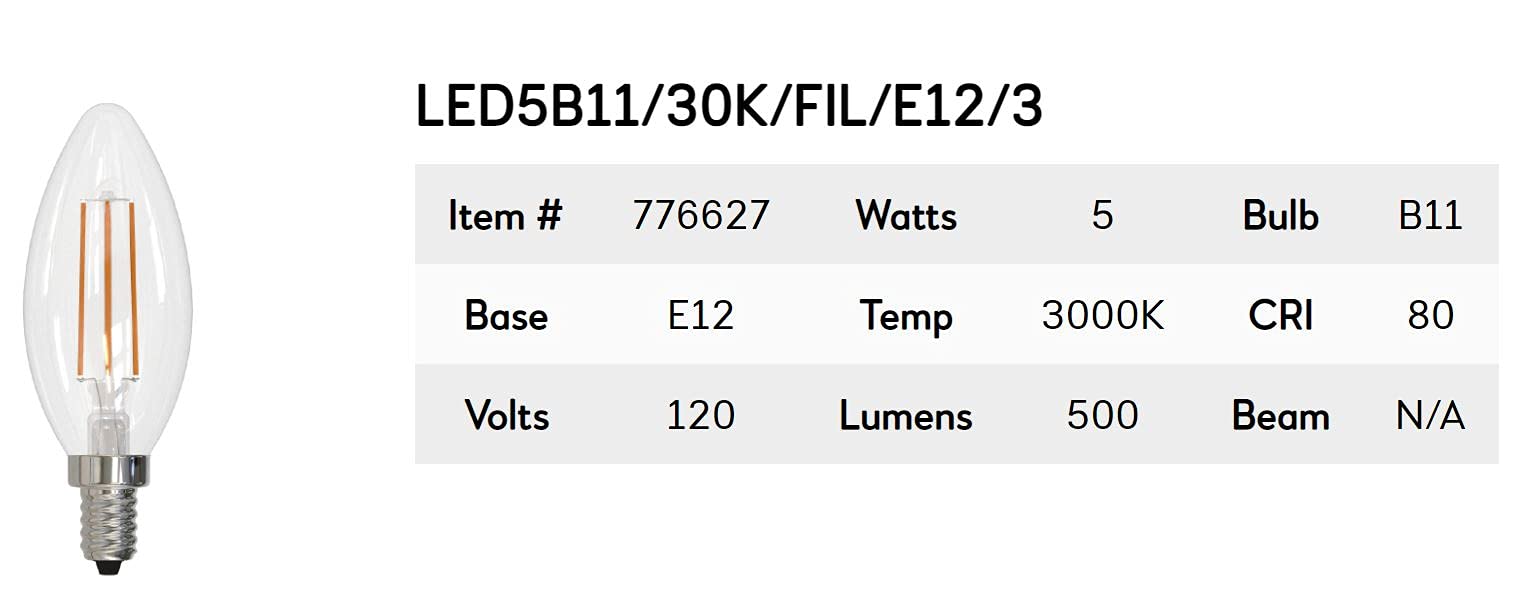 Bulbrite LED Filament Light Bulb E12 Candelabra Base 3000K Soft White 5W 500 Lumens 10-Pack Clear Glass