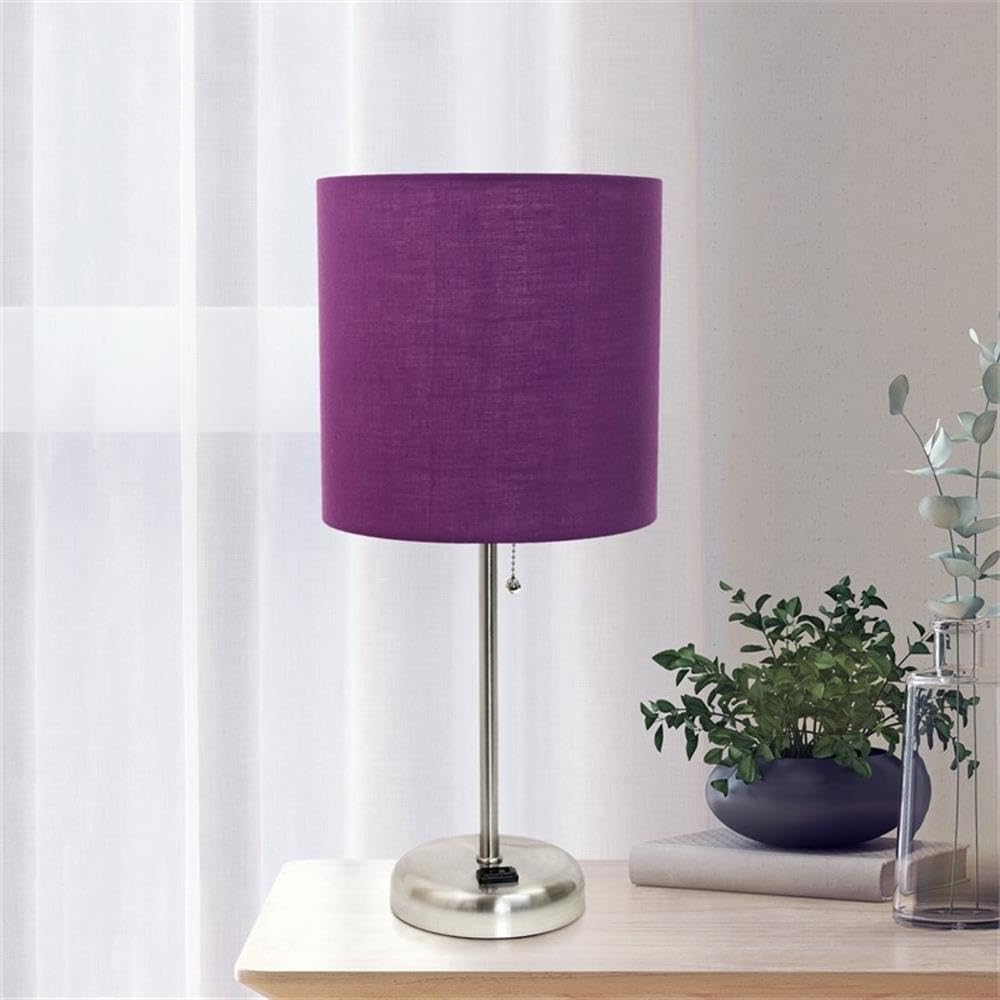 Creekwood Home Oslo 19.5&quot; Metal Table Lamp With Purple Shade & Power Outlet, Brushed Steel