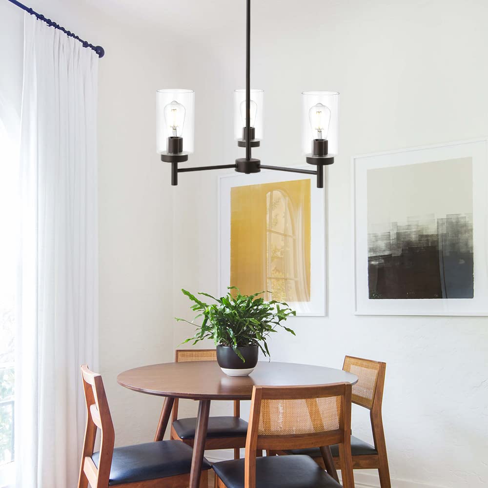 VINLUZ 3-Light Pendant Chandelier Rustic Clear Glass Shades Oil-Rubbed Bronze Adjustable Ceiling Light Model 1810-3-19