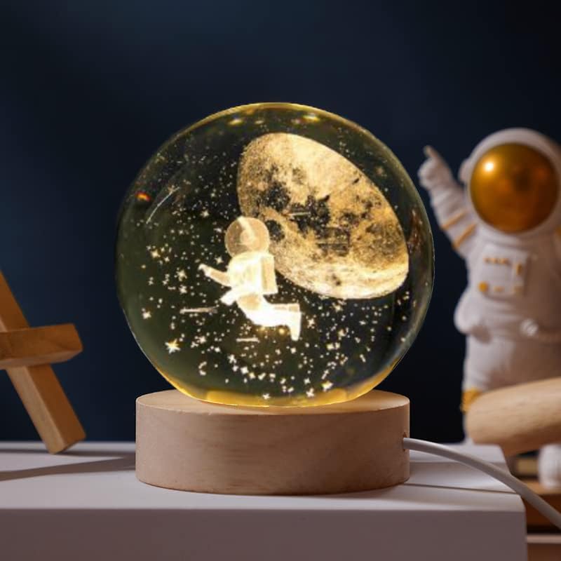 Space Astronaut 3D Crystal Ball With Led Light Stand, Universe Galaxy Glass Sphere Lamp, Decorative Glass Ball Paperweight Gift(