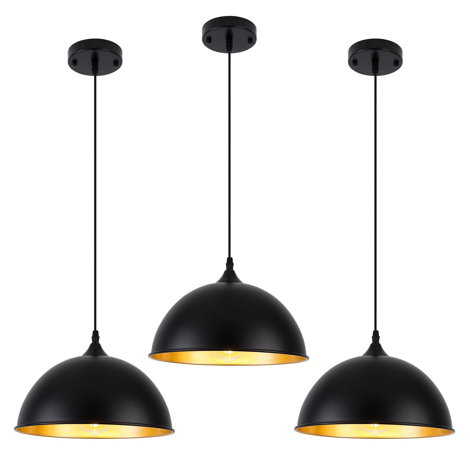 LWWHQ Black Pendant Lights Kitchen Island 3 Pack, 11.8 Farmhouse Pendant Lighting, Black and Glod Kitchen Light, Modern Dome Kit