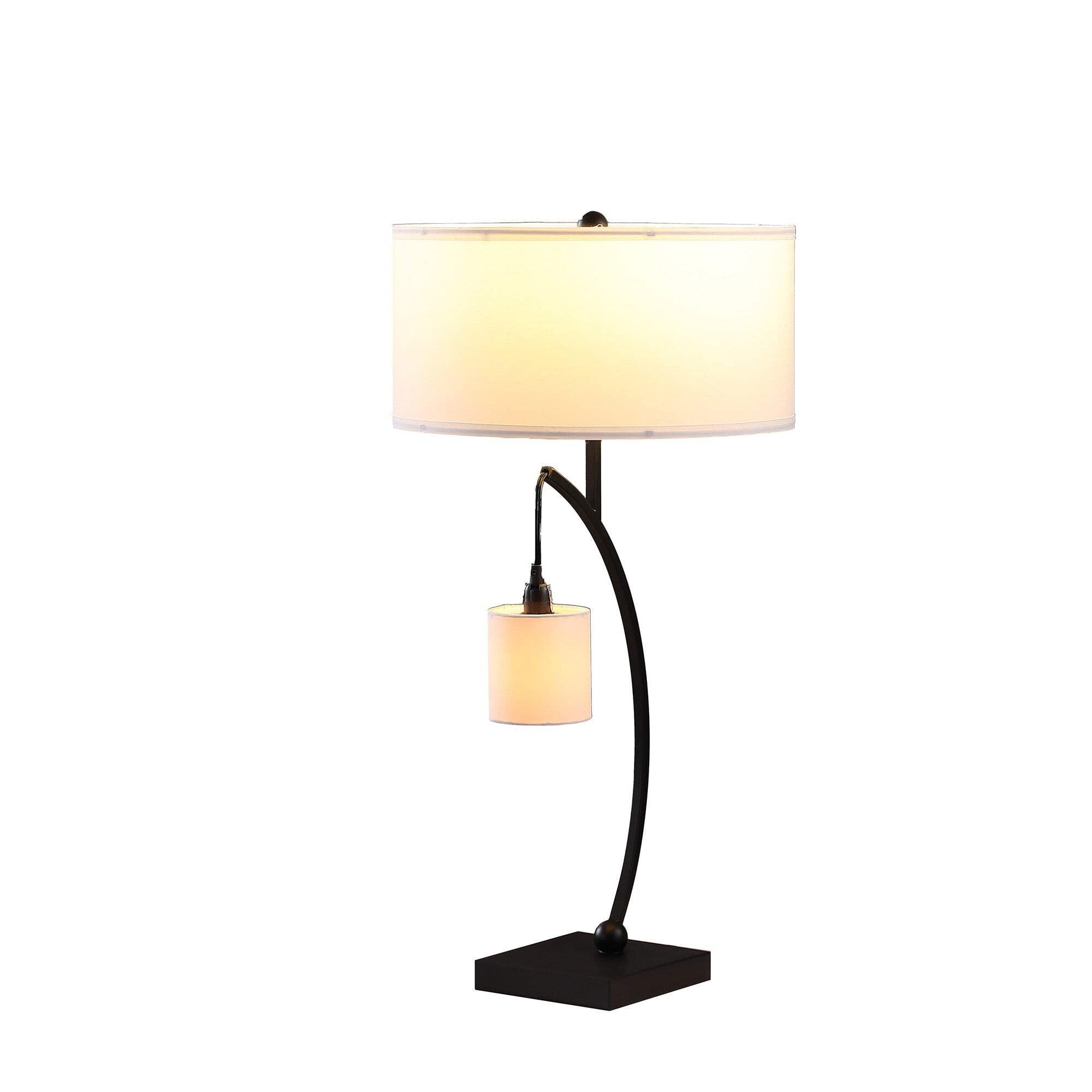 Homeroots Black Metal Two Light Arched Table Lamp With White Drum Shade, Model 524264, 28.5 X 15 X 15 In.