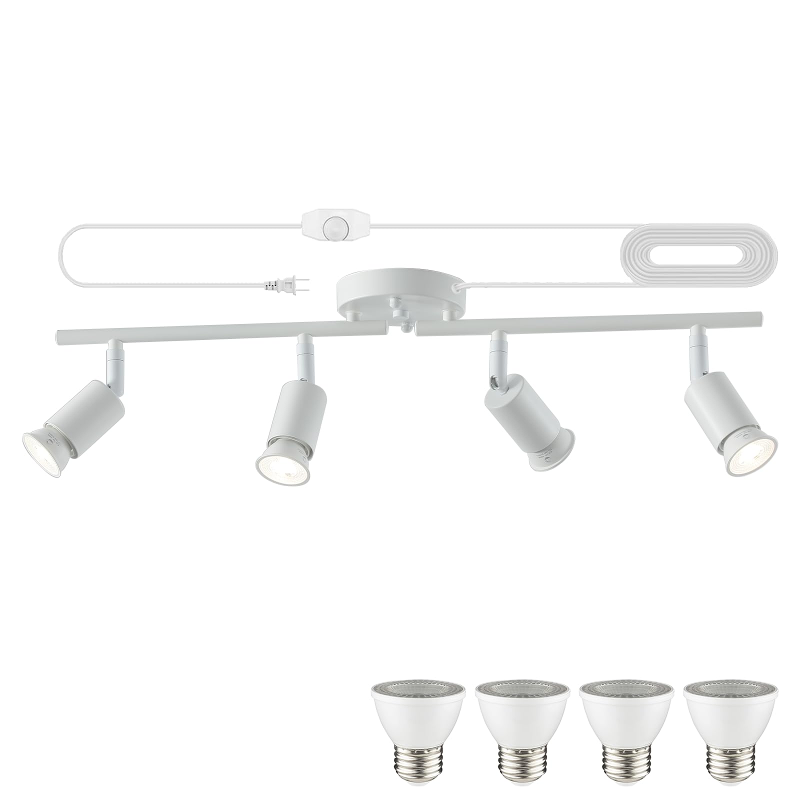 Vivihobb Dimmable Plug In Track Light White 4 Light Plug In Ceiling Lighting Fixture With 16.4 Long Cord 4 Way Ceiling Spotlight Rotatable Wall Mount Light Head Led Dimmable Spot Bulbs Included