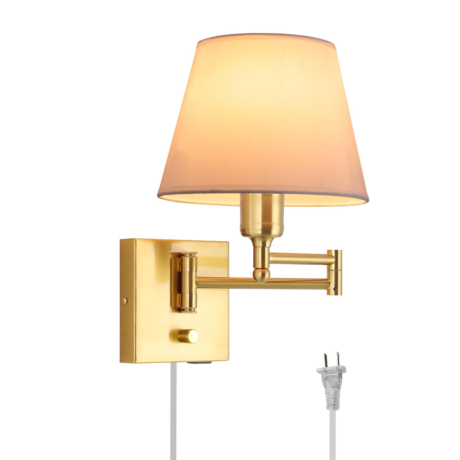 Affsure Bedside Wall Mount Light with Dimmable Switch, Swing Arm Fabric Shade Wall Sconce Light with USB Port and Plug in Cord, 