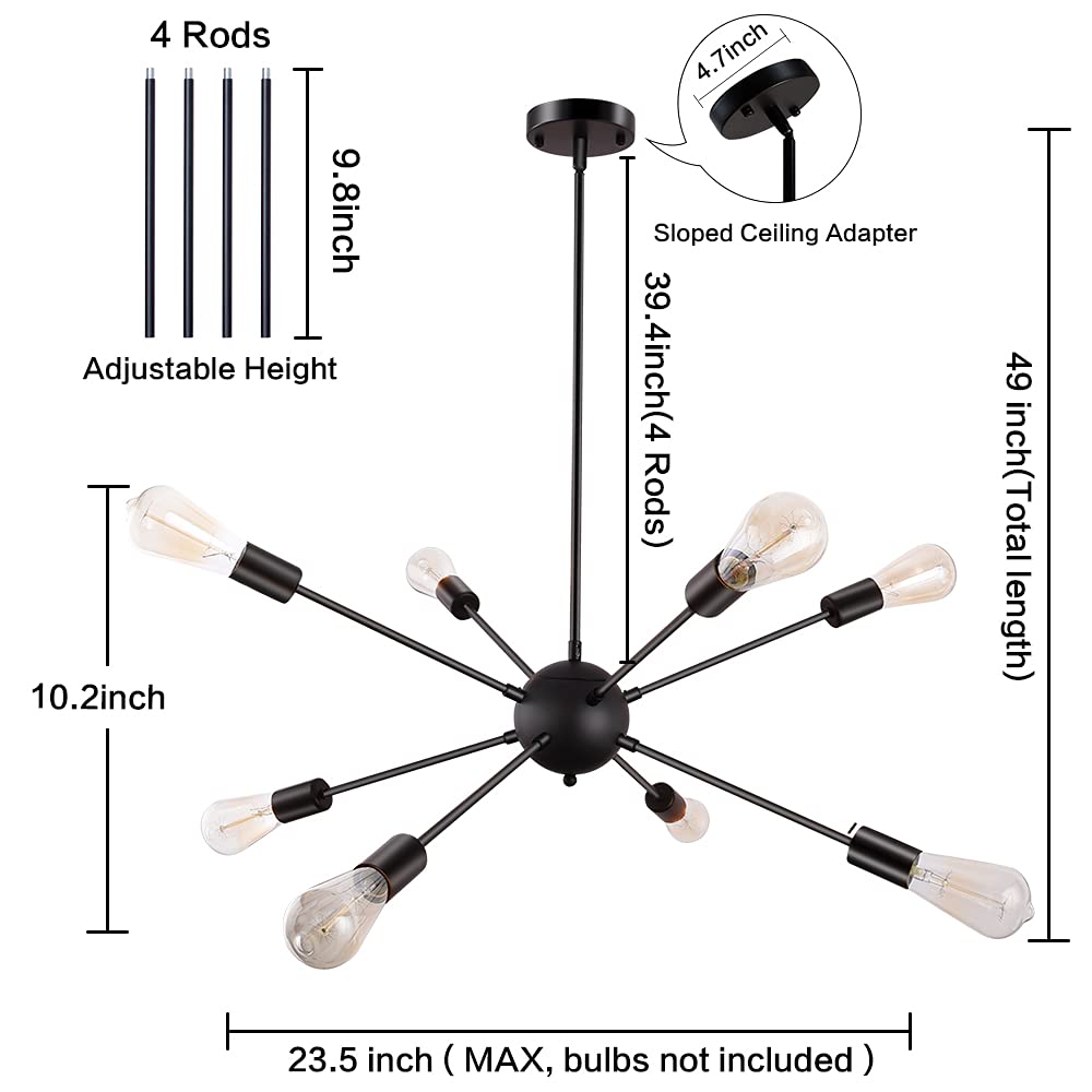 LASENCHOO Black Sputnik Chandelier, 8 Lights, Mid Century Modern Pendant Light, Model BLM-D0005S-8-B