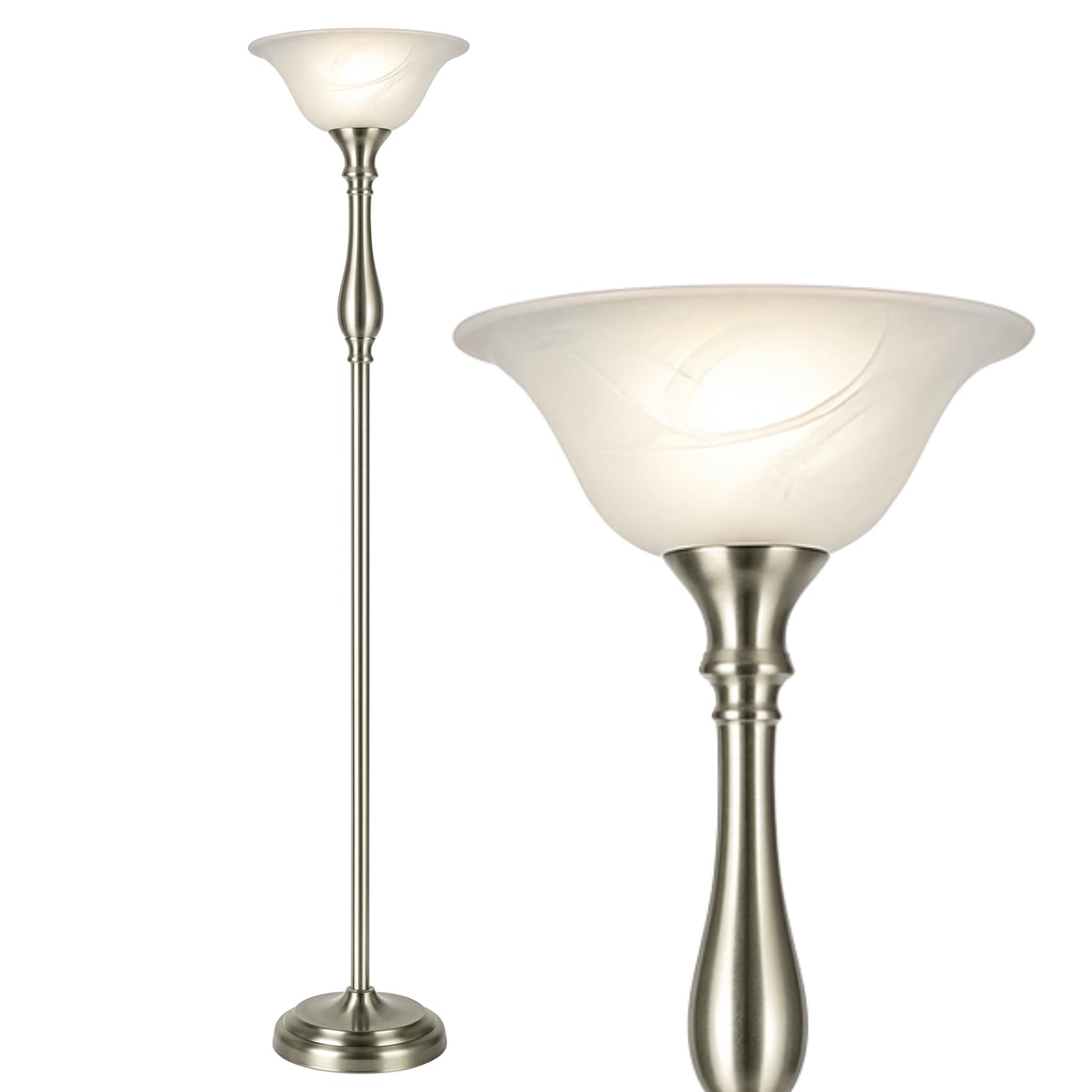 LIGHTACCENTS Floor Lamp, 72-inch Torchiere in Brushed Nickel with White Alabaster Glass Shade, Model 16176