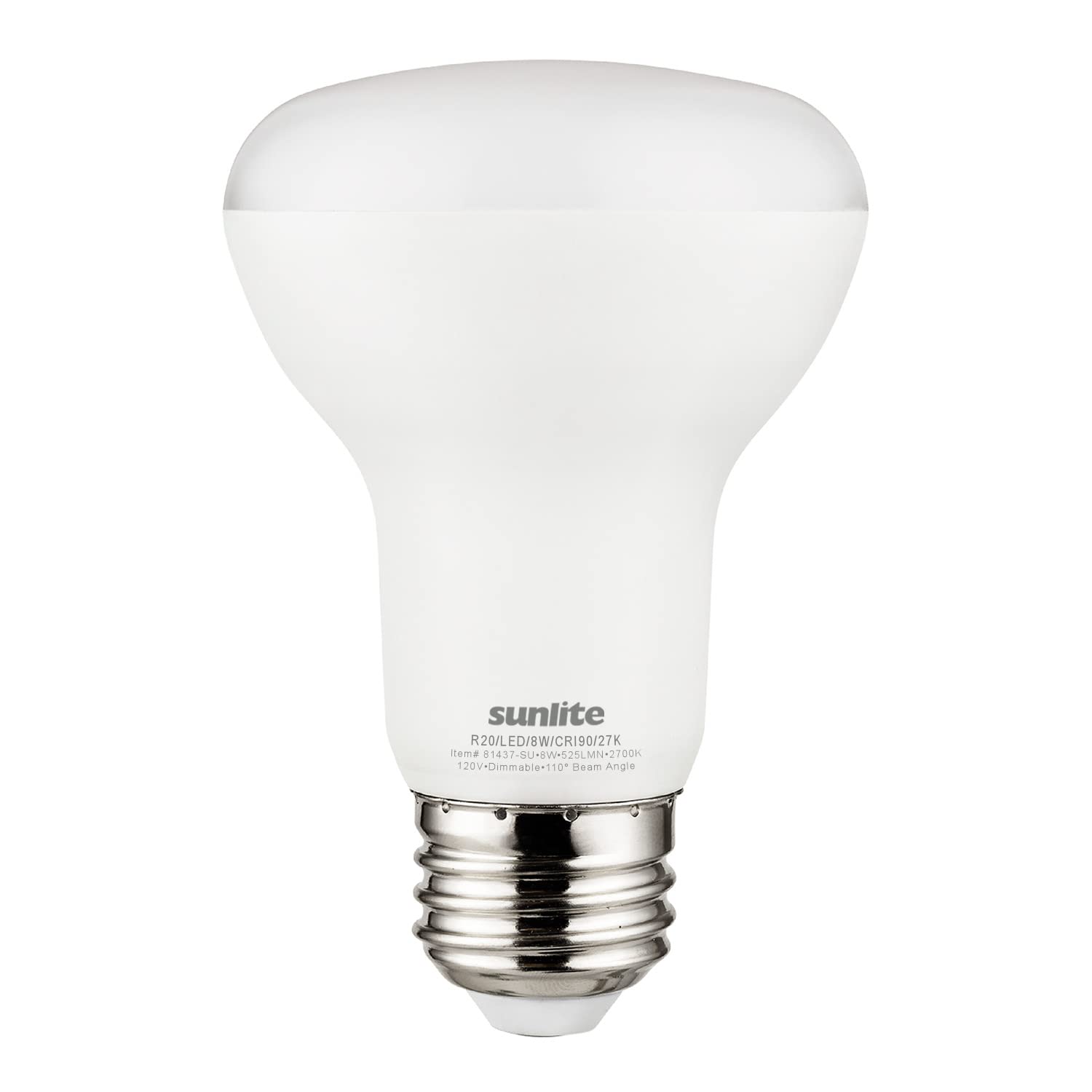 Sunlite LED 90 CRI R20 Recessed Light Bulb, 8 Watts (50W=), 525 Lumens, Dimmable, Medium Base (E26), Wide 110 Beam Angle, Title-