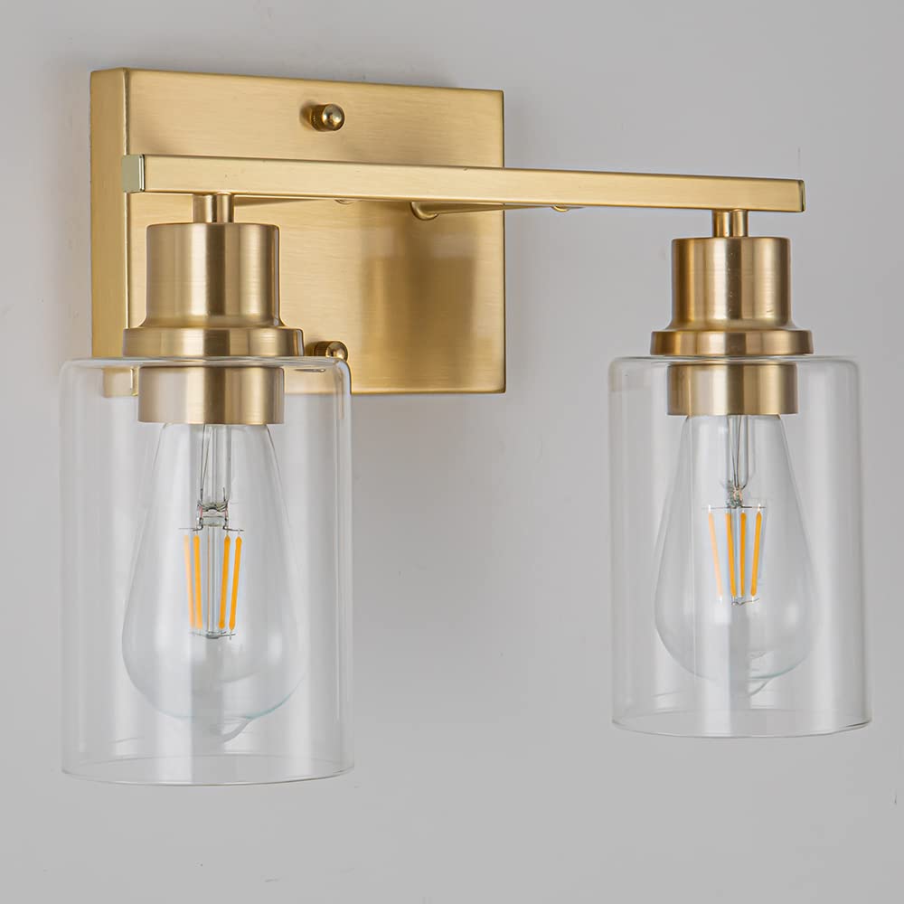 Emong Gold Bathroom Light Fixtures, 2-Lights Brushed Brass Vanity Light With Clear Glass Shade, Modern Wall Sconces For Hallway,