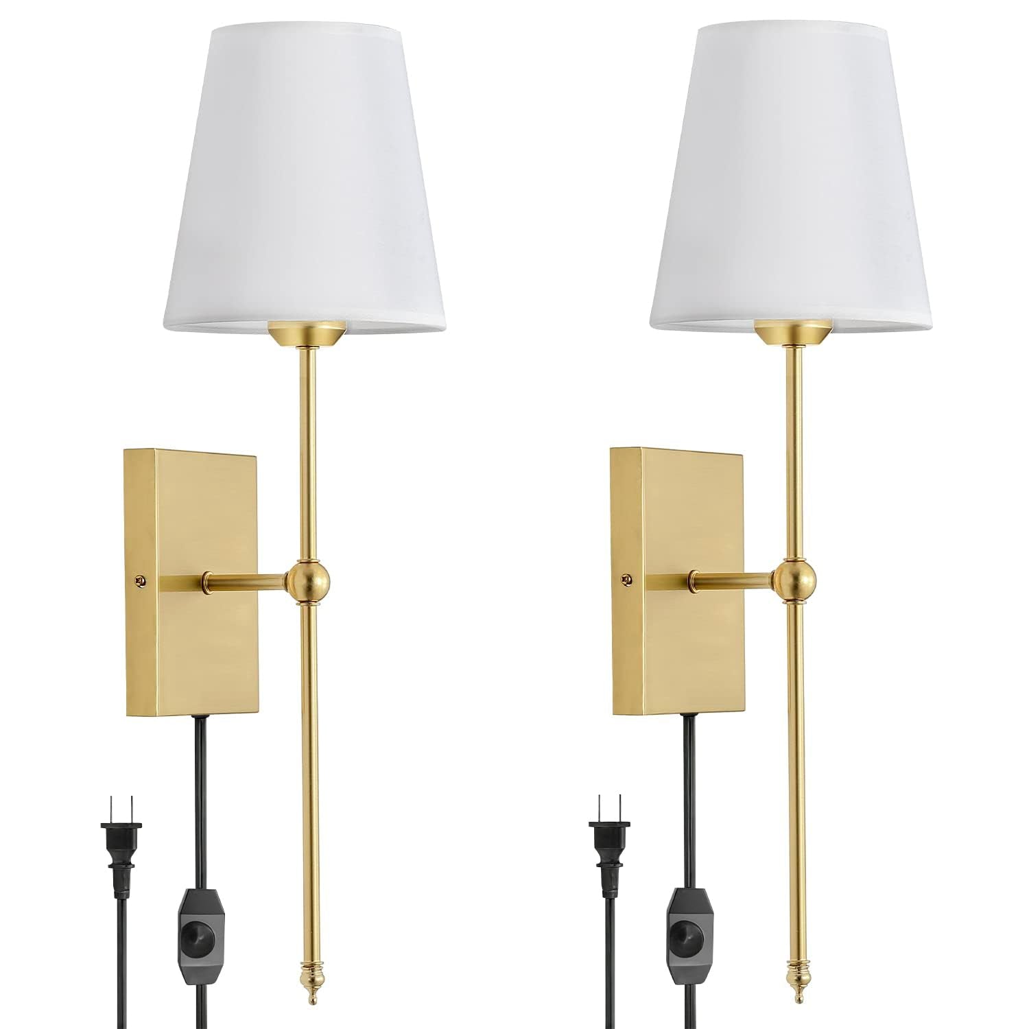 GLADFRESIT Set of 2 Slim Wall Sconces with White Fabric Shade, Knob Dimmer Switch Design, Gold Base Indoor Wall Light Fixtures f