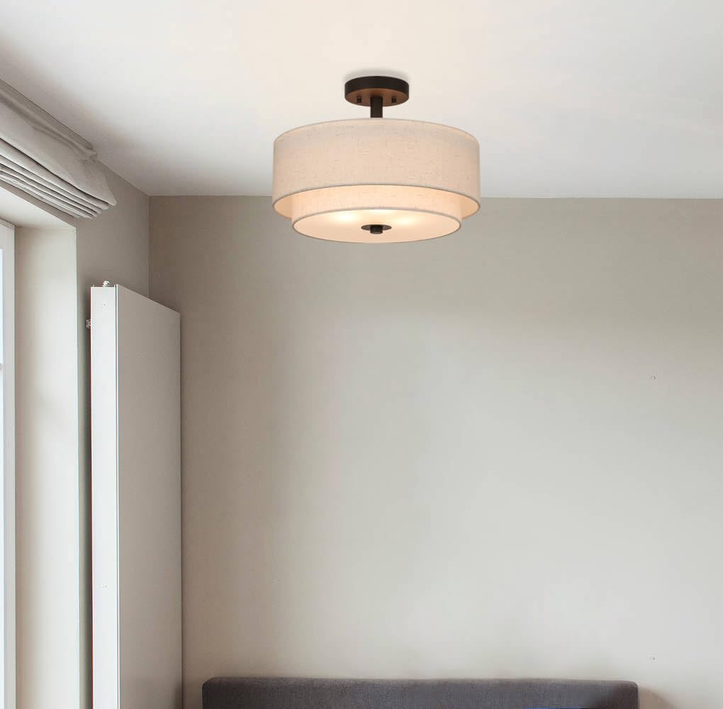 Xinbei Lighting Drum Semi Flush Light, 3 Light Semi Flush Mount Ceiling Light Fixture With Fabric Shade Modern Close To Ceiling