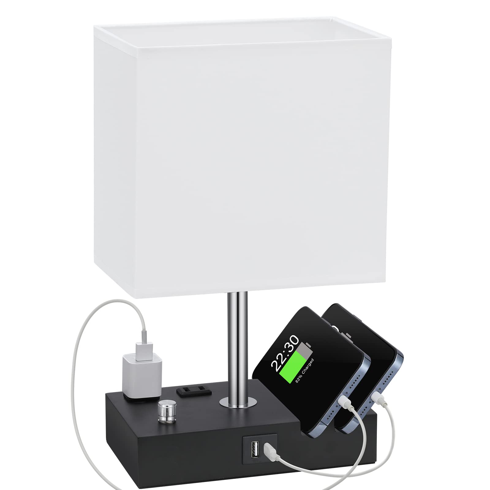 Kakanuo Table Lamp For Bedroom With Dual Usb Ports, White Fully Dimmable Bedside Lamp With Phone Stands And 2 Charging Outlets,