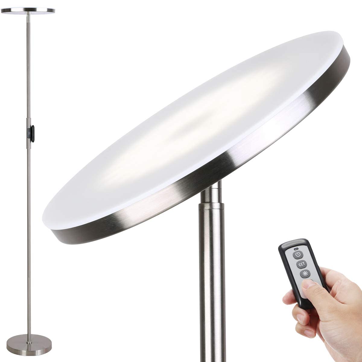 Joofo Brushed Nickel Floor Lamp, 30W/2400Lm Led Torchiere With Remote & Touch Control