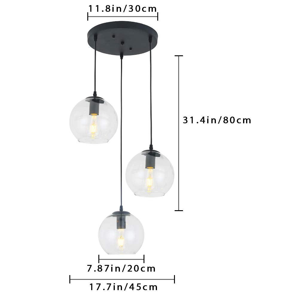 LMSOD Pendant Light, Mid Century Modern 3 Lights Globe Chandelier, Matte Black, Clear Glass Shades, 11.8 Inch for Kitchen Island Dining Room