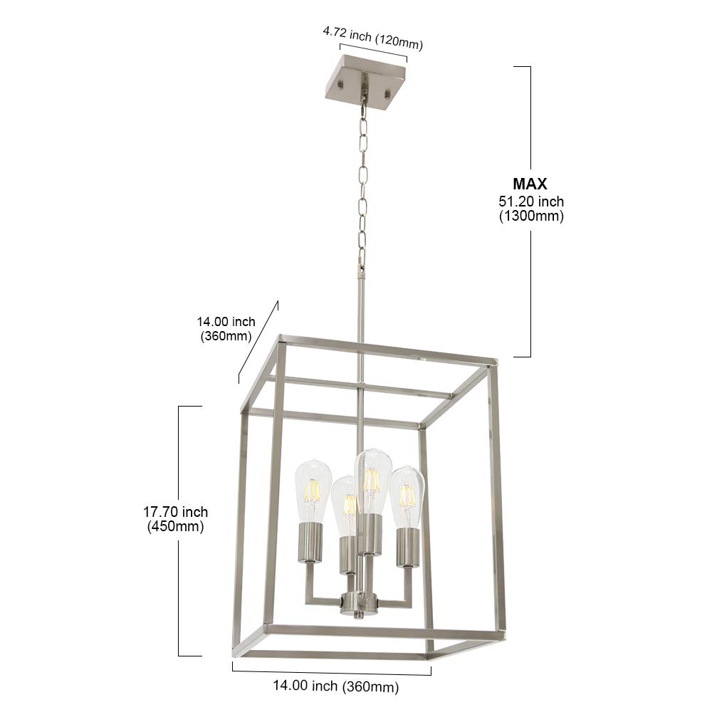 VINLUZ 4 Light Industrial Cage Chandelier Pendant Light Fixture, Brushed Nickel, Metal, Model 270-4SN