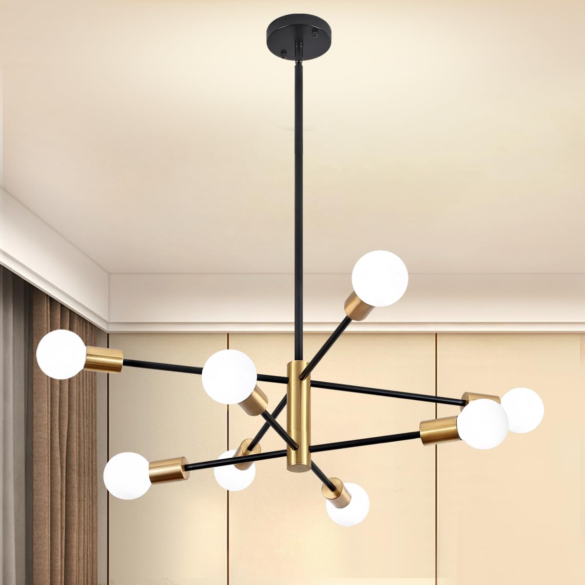 ZSMIHDOH 8-Light Chandelier, Modern Sputnik Design, Metal, Black & Gold, Model Huazhi-68T