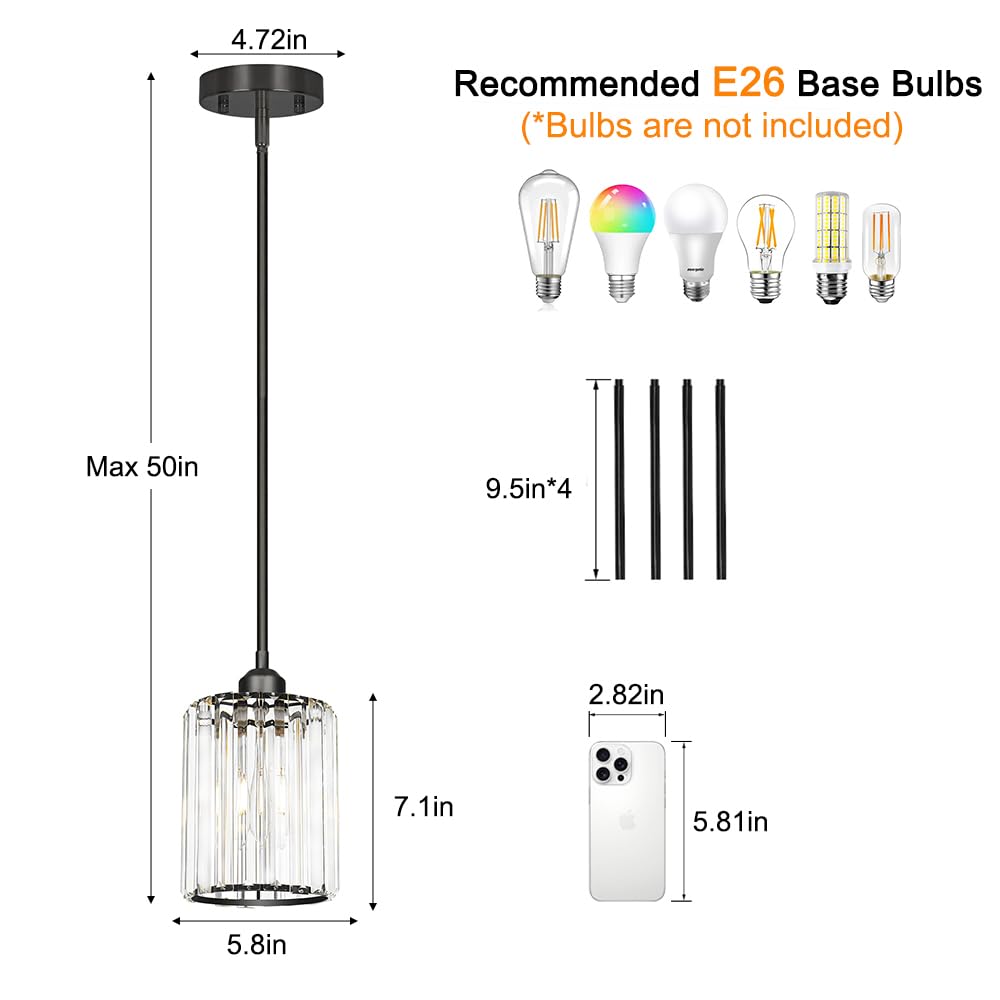 Black Kitchen Pendant Lights Over Island With Adjustable Rods - Crystal Pendant Lighting Fixtures For Sloped Ceiling  Ideal Over Dining Table Or Bar  E26 Bulb Compatible  No Electrician Needed
