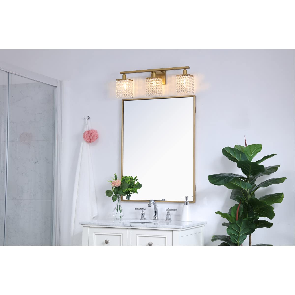 Living District Phineas Midcentury Modern 3 Light Bathroom Wall Sconce in Brass and Clear Crystals
