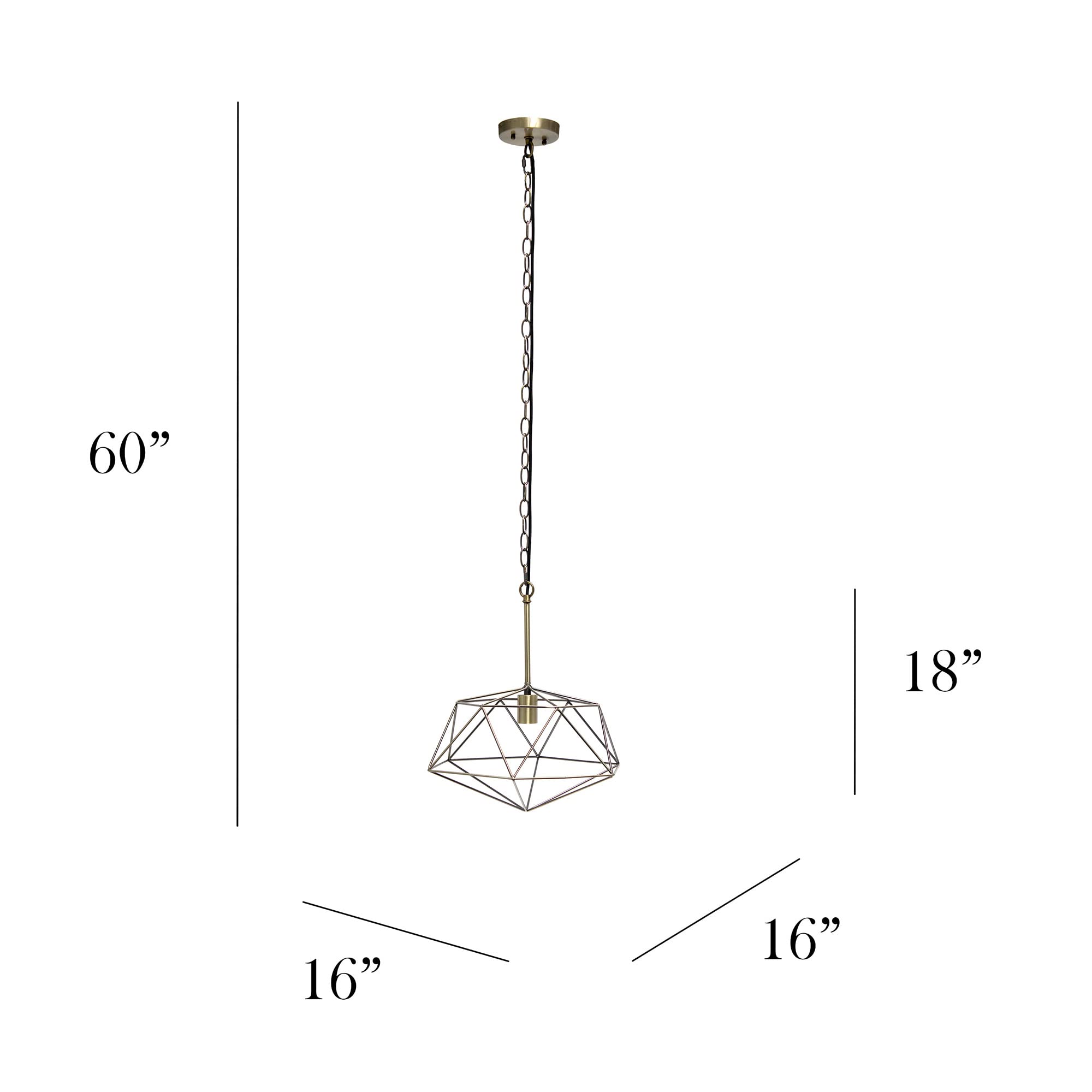 Elegant Designs PT1011-ABS 16in Geometric Diamond Pendant Light Fixture, Antique Brass, Metal Wire Cage, Industrial Style