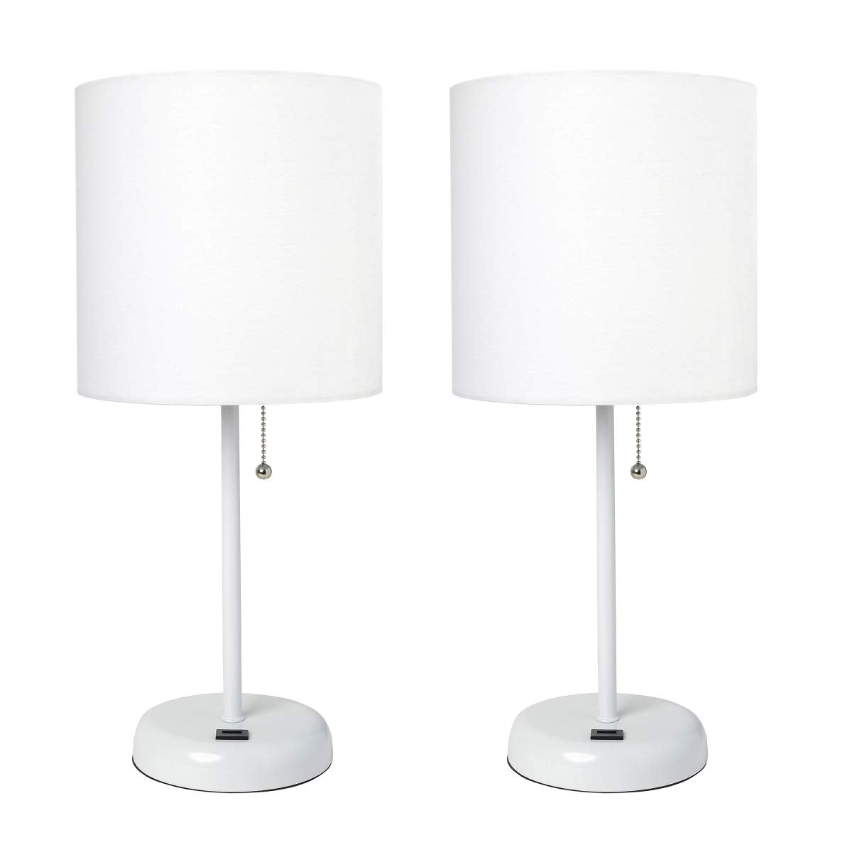 Limelights LC2002-WOW-2PK White Stick Lamp with USB Charging Port & Fabric Shade Set, White - Pack of 2
