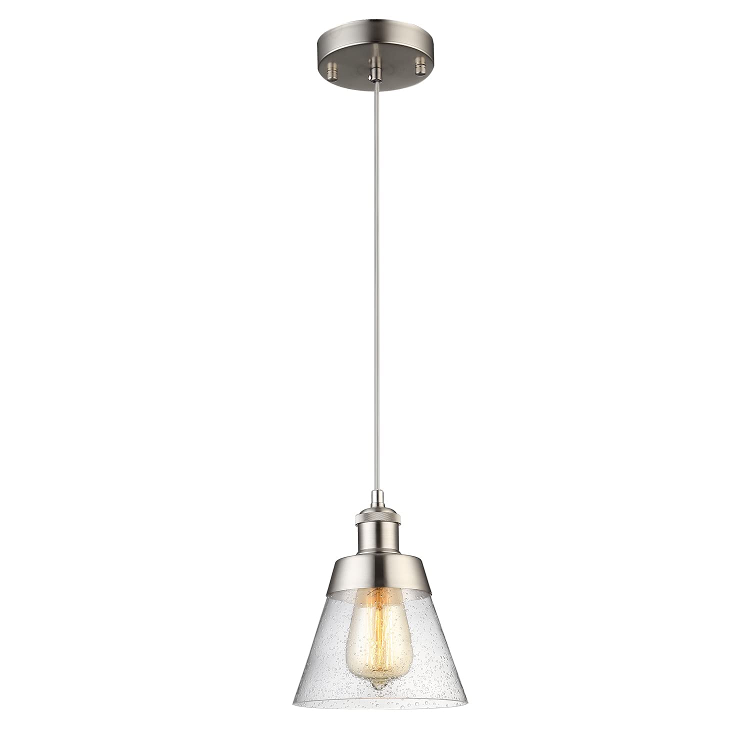 Fivess Lighting Modern Glass Pendant Light, One-Light Adjustable, Handblown Clear Seeded Glass Shade, Brushed Nickel, 1 Light