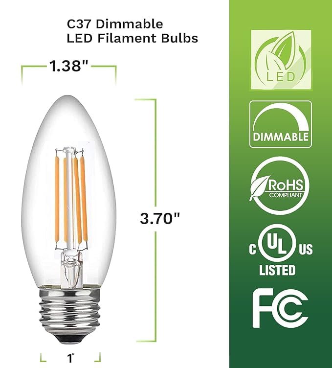 Bioluz LED 60W Candelabra Bulbs, Dimmable Filament, Soft White 3000K, E26 Base, 12-Pack