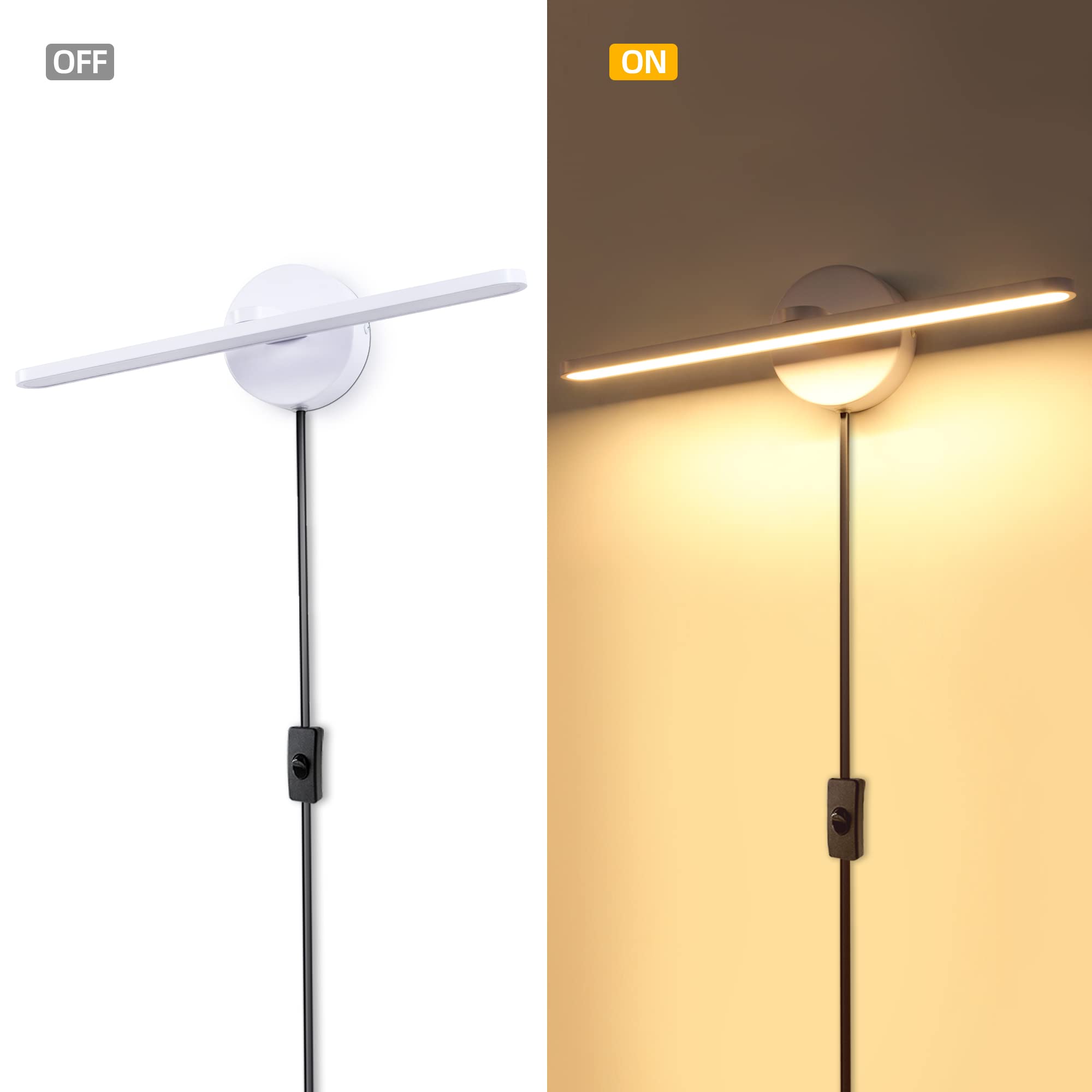 Mantolite Plug In Vanity Lighting Fixtures, White 16Inch Led Wall Lights Fixtures, Bathroom Over Mirror Lamp Modern Home Bedside Lamp Picture Sconces, 12W 3000K White Make-Up Mirror Front Lamp