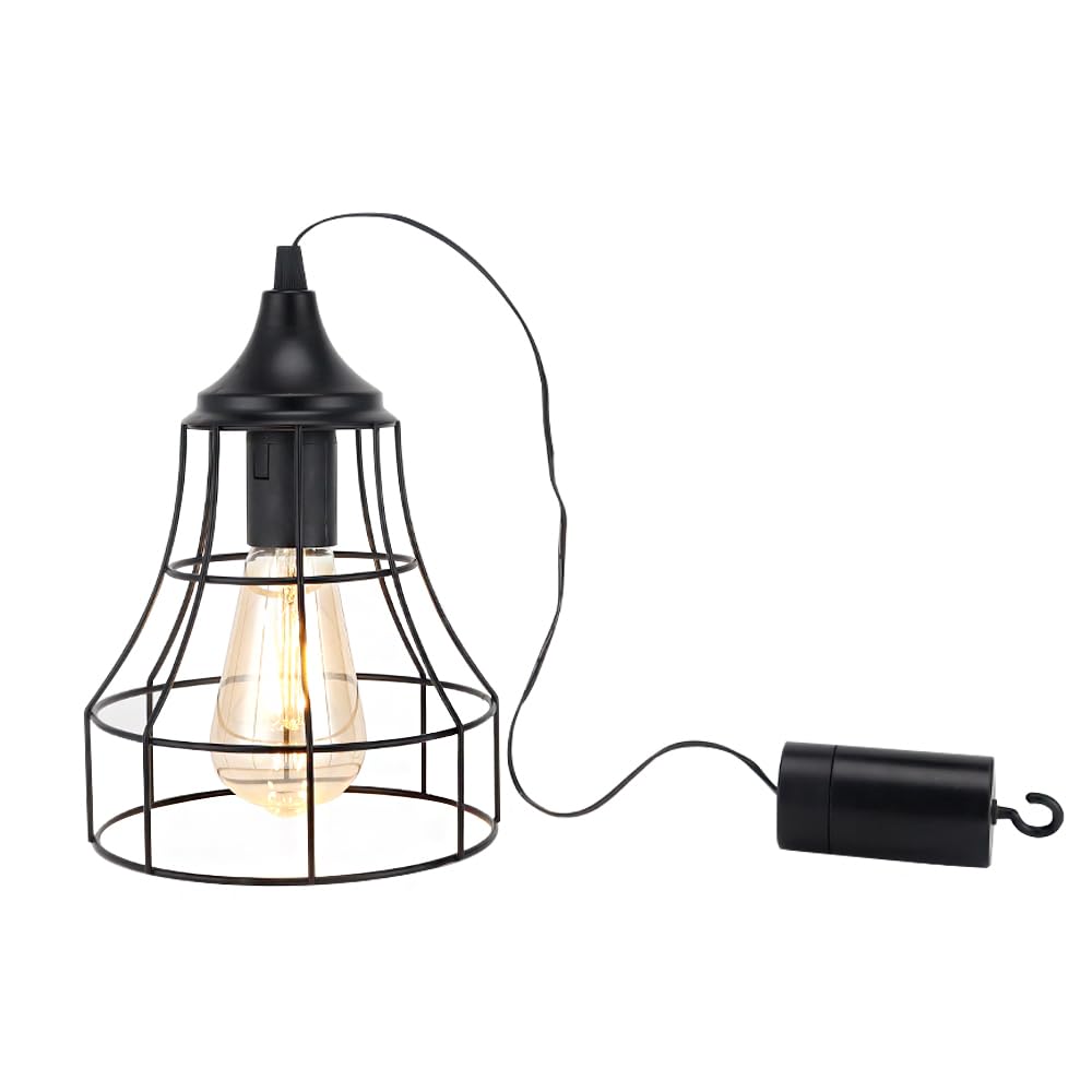 Jhy Design Hanging Lamp Black Battery Powered Decorative Pendant Lamp Metal Cage Battery Lamp With 6 Hours Timer For Bar Bedroom