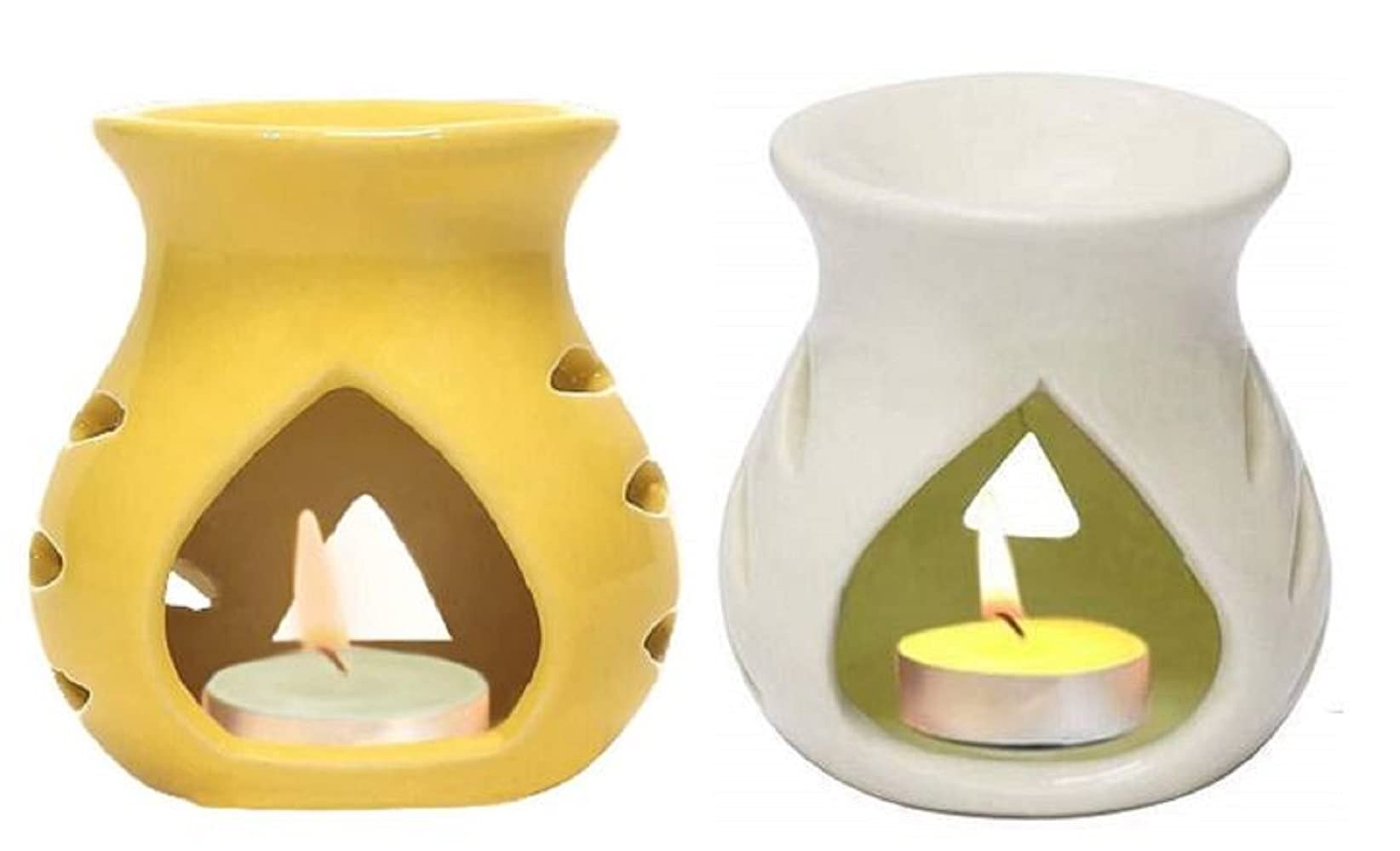 RTWARE Ceramic Clay Candle Operated Aroma Burner Oil Diffuser for Home Fragrance (Yellow & White) -Set of 2