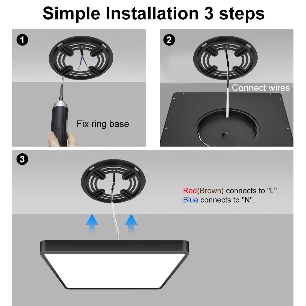 board-styletec 12inch LED Flush Mount Ceiling Light, 24W Cool White, Square Black Plastic Panel for Bedroom, Kitchen, Living Room