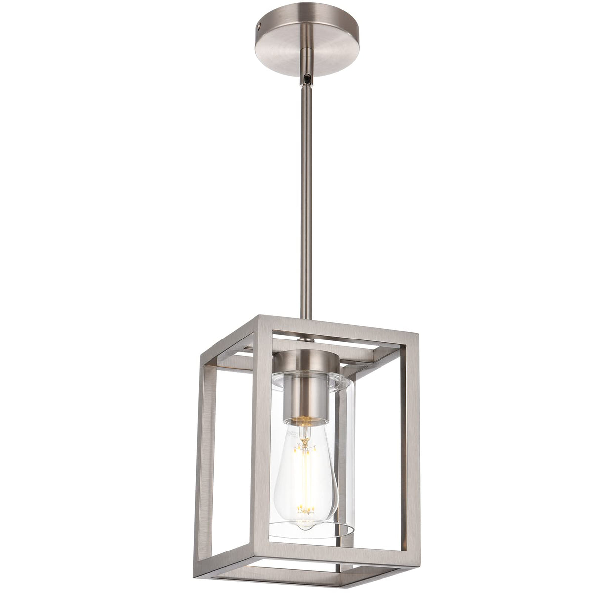 VINLUZ One Light Chandeliers Fixture Brushed Nickel Modern Pendant Kitchen Lighting with Clear Glass Shade Dining Room Lighting 
