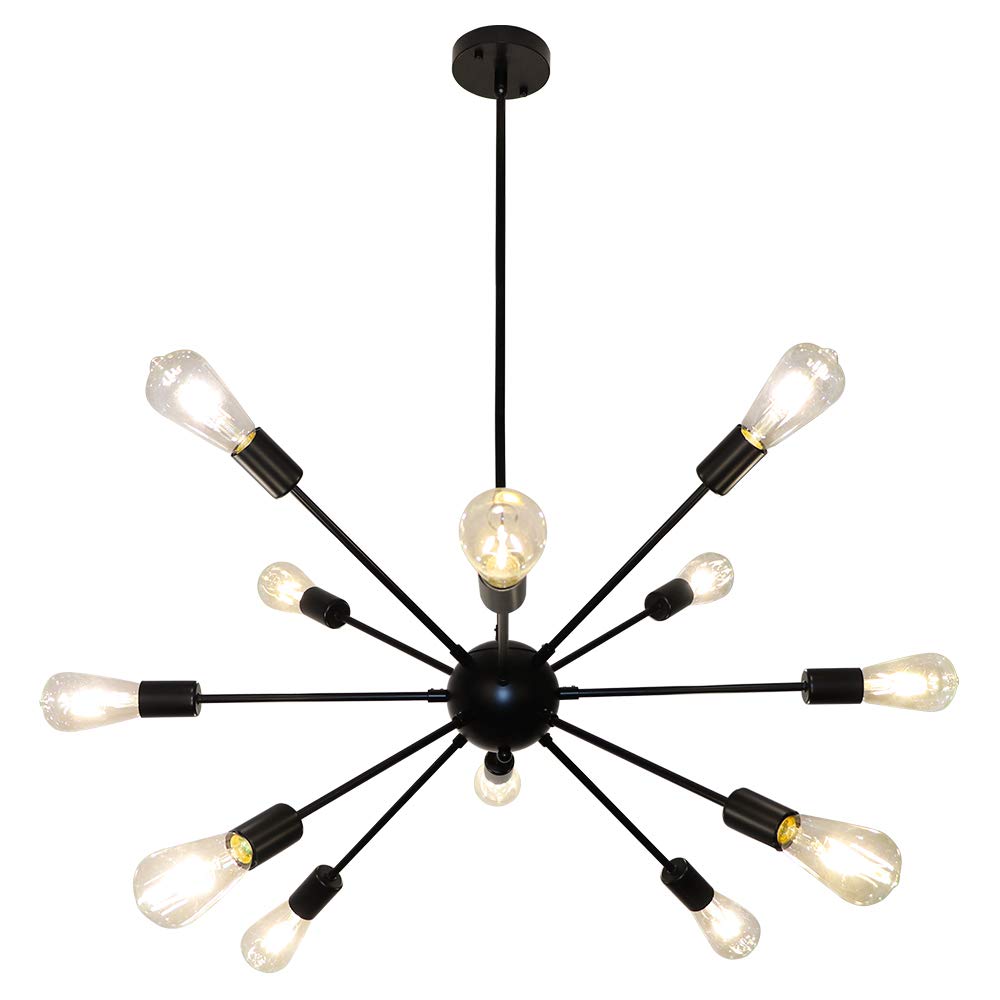 Lynpon 12-Light Black Sputnik Ceiling Light Chandelier - Mid Century Industrial Pendant Fixture