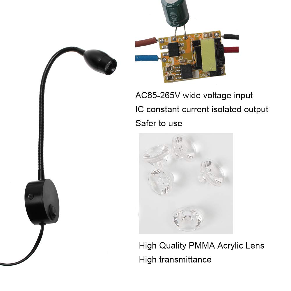 Youngine 3W Led Reading Lamp, Flexible Bedside Led Reading Light With Switch And Plug Wired, Bedroom Living Room Gooseneck Wall Lamp Light For Bedroom Office Hotel Home (Black-Warm White)