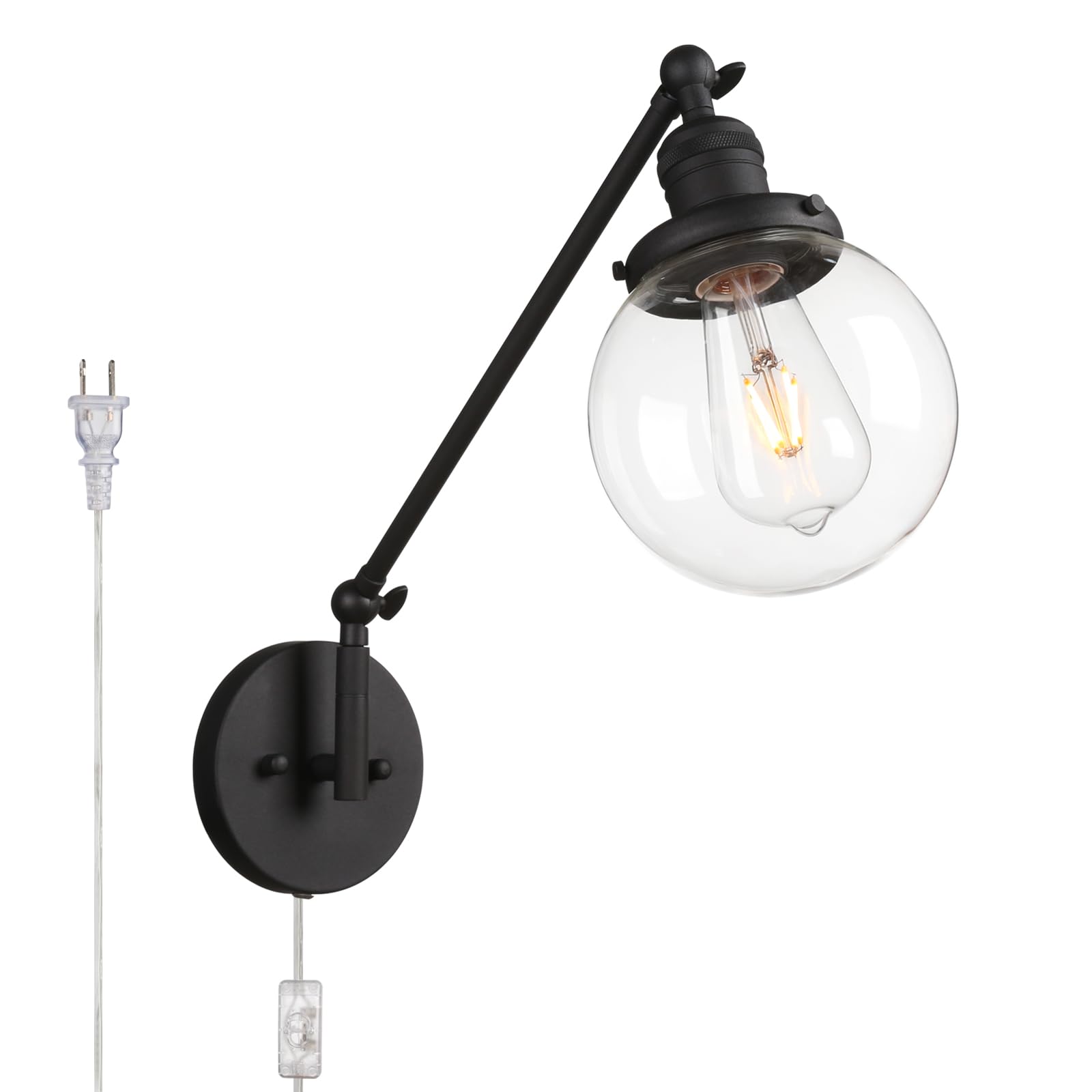 Permo Industrial Wall Sconce Plug In Sconce Swing Arm Wall Light Fixture With 5.9 Glass Globe Shade For Bedroom, Living Room Off