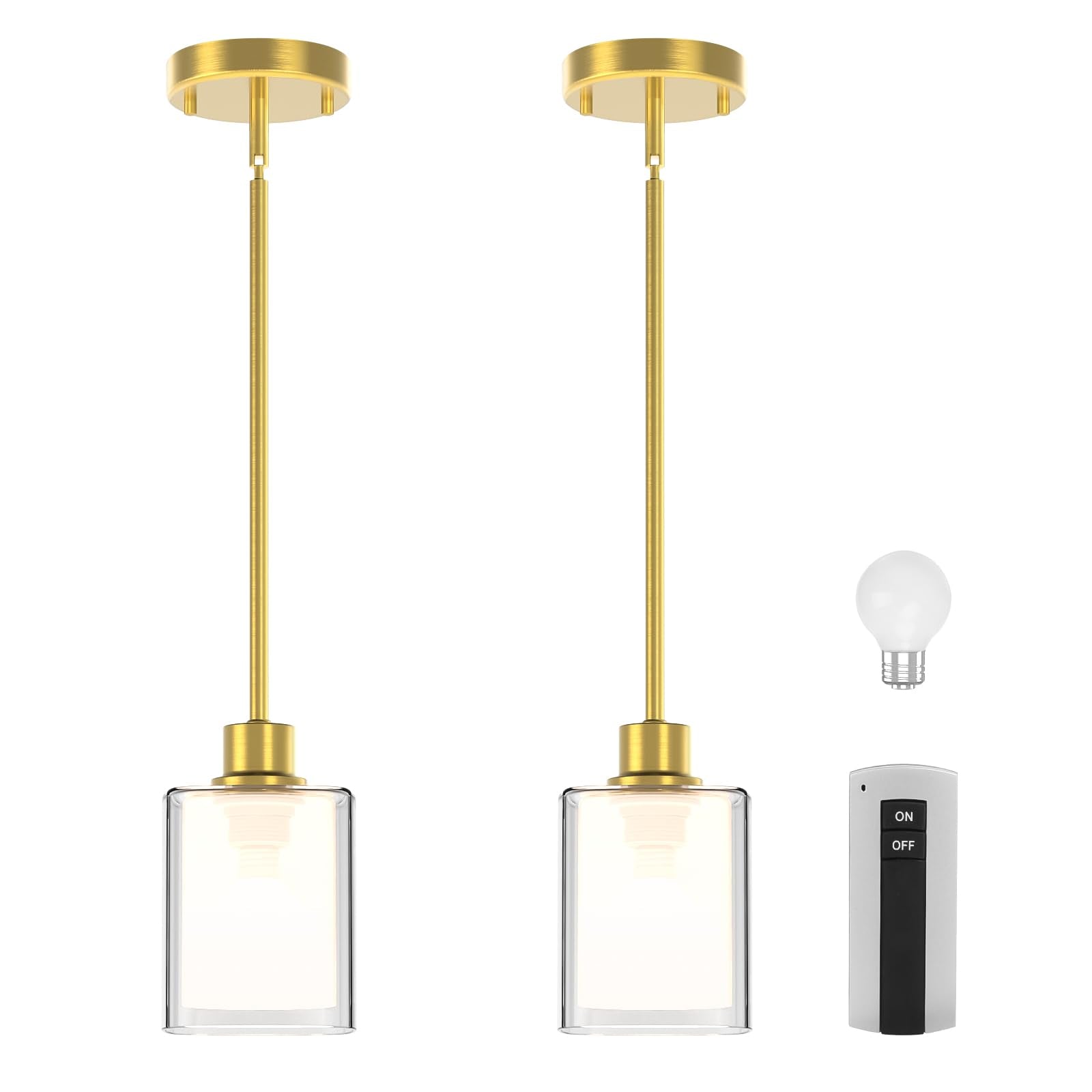 Lightbiz Pendant Light 2 Pack, Height Adjustable, Dual Glass, Brushed Gold, L400, Includes 3 Color Temperature Bulbs & Remote Control