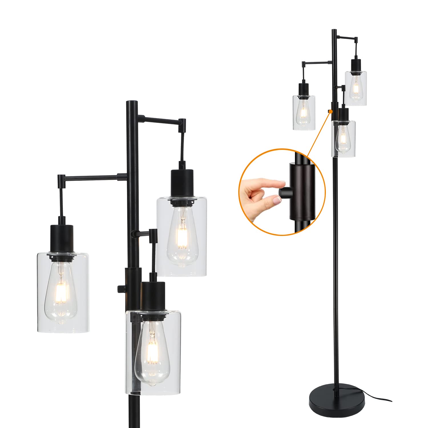 Liylan Industrial Tree Floor Lamp - Black, Dimmable Farmhouse Standing Lamp with Clear Glass Shade