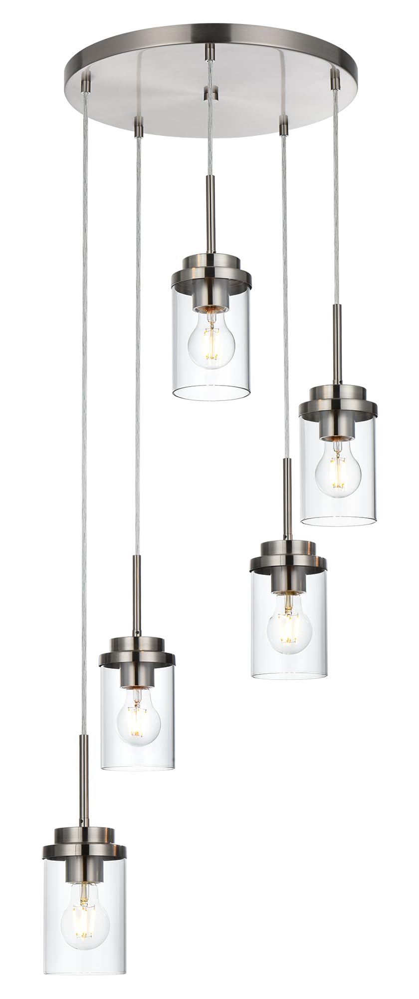 MELUCEE 5-Light Cluster Pendant Lights Brushed Nickel Metal Chandelier 4-4501-5RD-SN Adjustable Ceiling Lamp with Clear Glass Shade