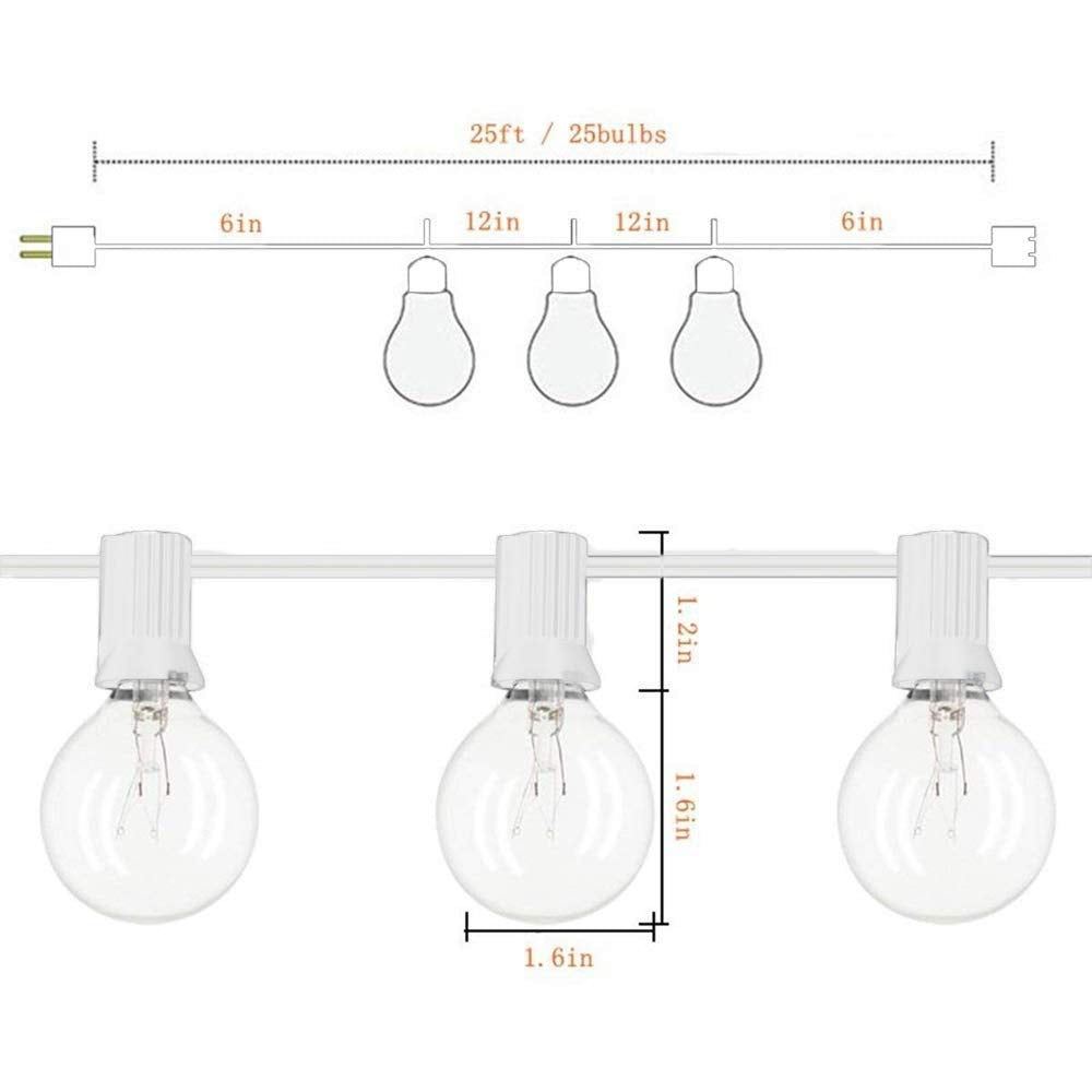 Abeja Outdoor Frosted String Lights, G40, 25FT, 27 Clear Bulbs, E12 Base, UL Listed, White, for Patio, Garden, Party Decor