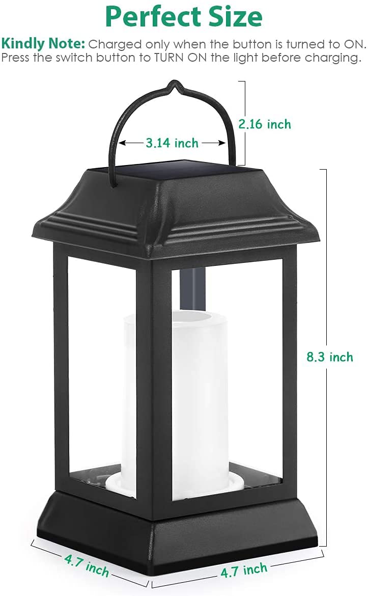 Tomcare Solar Lights Metal Flickering Flame Lanterns, Waterproof Outdoor Hanging Decor, 2 Pack, Black, Model Sz-19003
