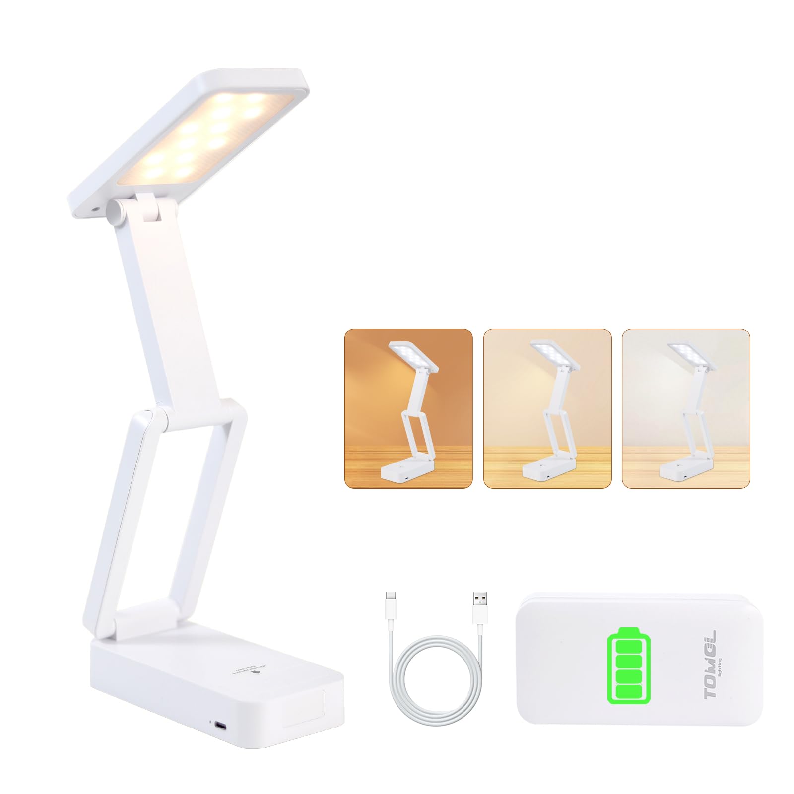 TOMOL Battery Operated Desk Lamp 3600mAh Rechargeable - 3 Color Temperature & Stepless Dimming LED Cordless Light, Foldable Port