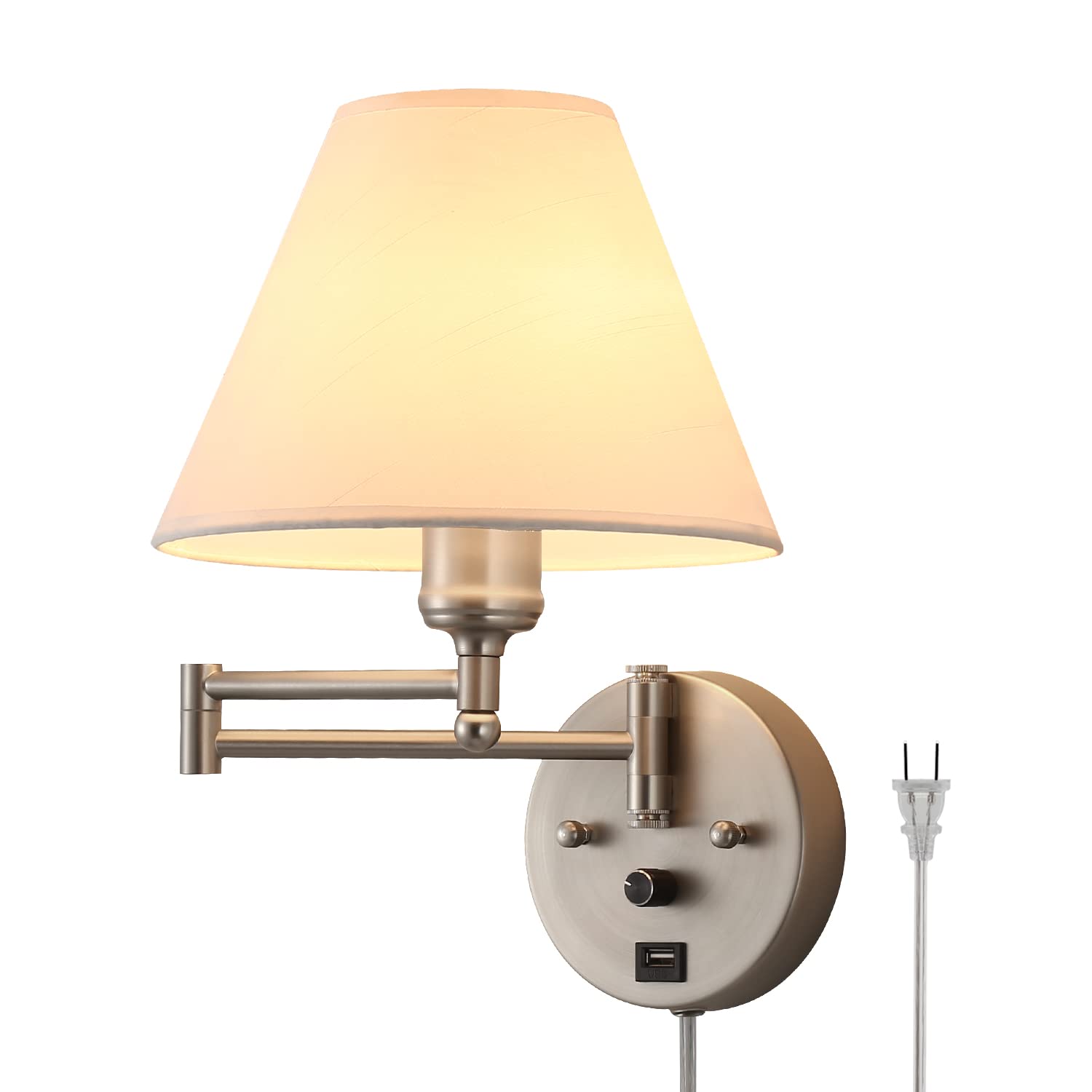 Swing Arm Wall Sconces, Plug-In Wall Lamp,Bedroom Wall Lamp , White Fabric Shade,,With Dimmable Switch And Usb Charging Port, Suitable For Bedside, Living Room, Reading (Nickel)