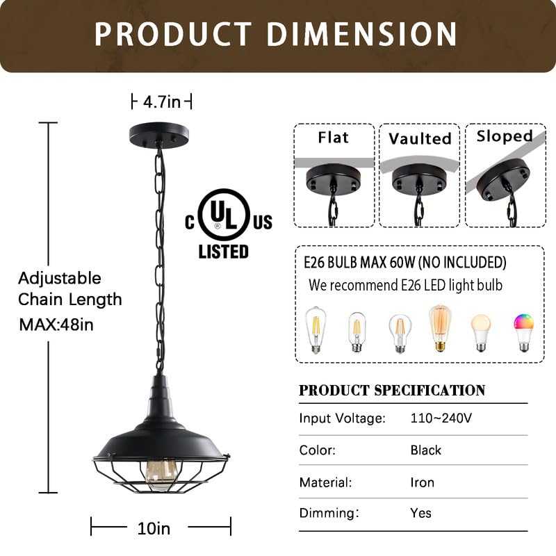 Karjearl Black Farmhouse Pendant Light - 2 Pack Vintage Metal Cage Fixtures For Kitchen & Hallway