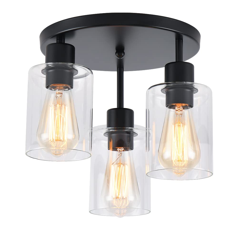 IHENGYANLT 3-Light Industrial Farmhouse Black Matte Light Fixtures Ceiling Mount, with Clear Glass Shades Semi Flush Mount Ceili