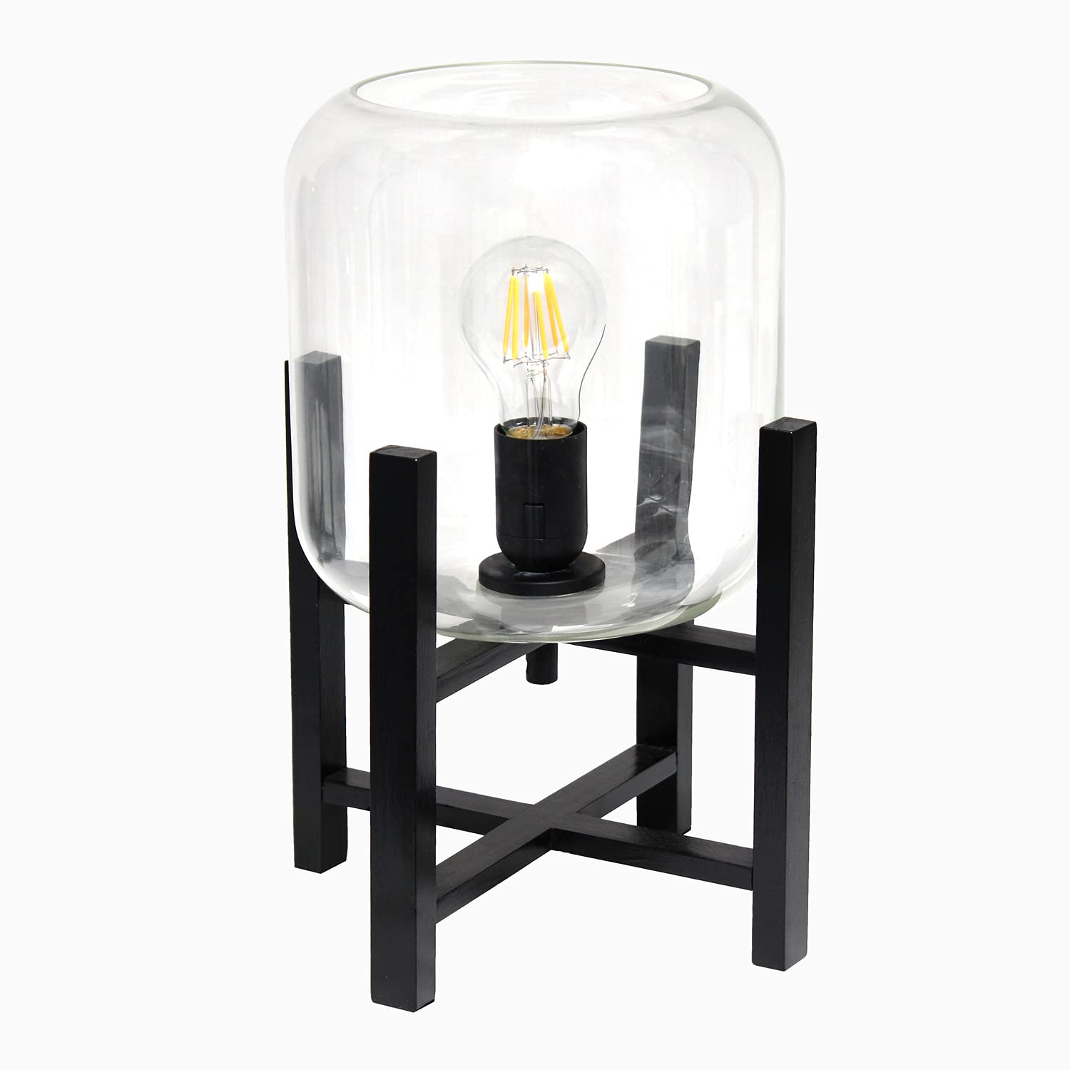Simple Designs Lt1068-Clr Wood Mounted Glass Cylinder Shade Table Lamp, Black/Clear