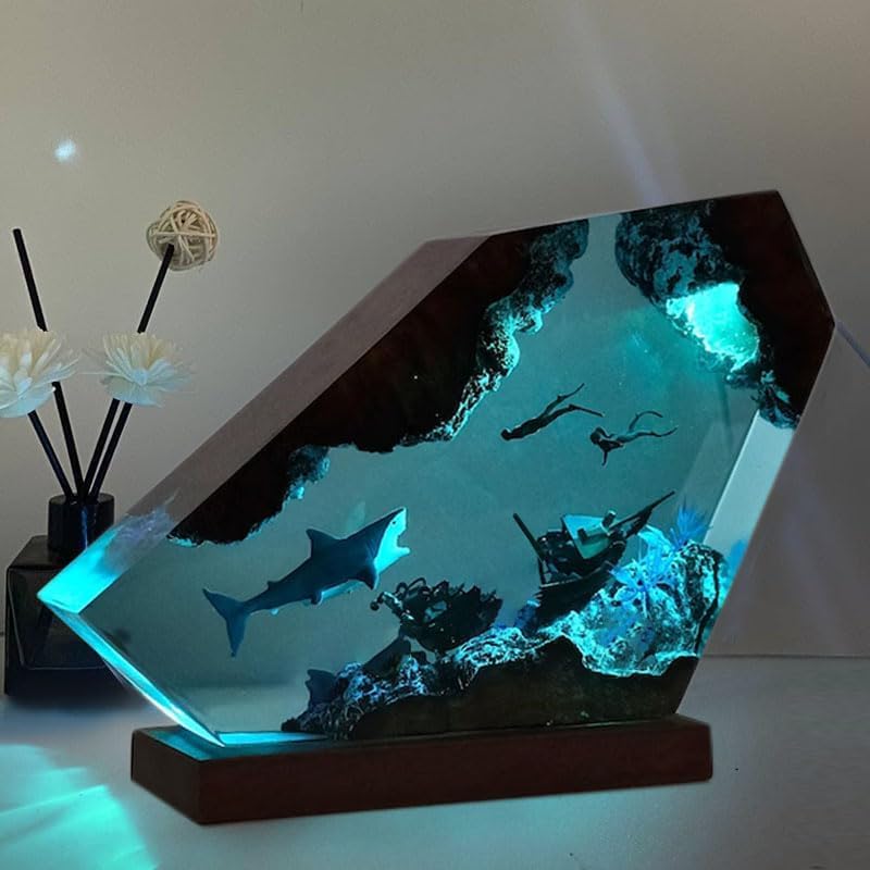 Shark Ocean Resin Lamp  Handmade Wooden Table Resin Night Light  Usb Port Art Ornaments For Home Office Decor  Scuba Diver Gifts For Birthday Holiday  ValentineS Day Gifts For Husband
