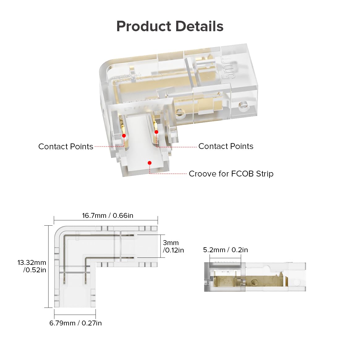 Fcob Cob 5Mm/0.19In Width Led Strip Connector Kit 6Pcs 2 Pin Transparent Gapless L-Shaped Connectors 5Mm Pwm Single Color +V -V