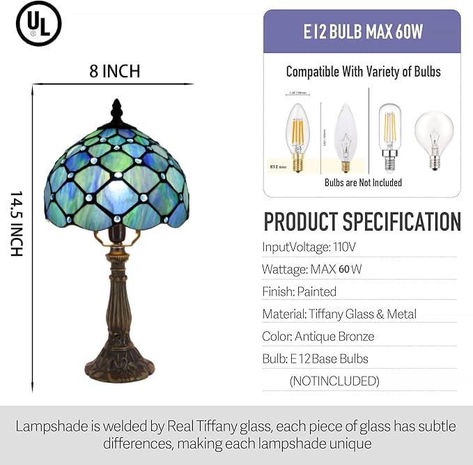 Lxhcyou Small Tiffany Lamp Mini Accent Table Lamp Stained Glass Desk Memory Lamp Sympathy 8X14.5 Inch (Sea Blue Pearl Style)