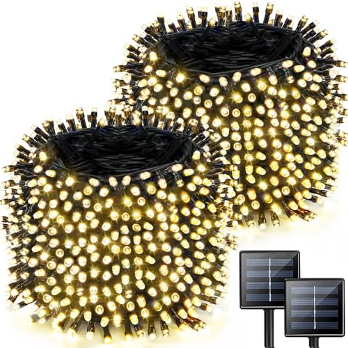 Super-Long 2-Pack Each 85FT Solar String Lights Outdoor, 480 LED Extra-Bright Solar Christmas Lights Outdoor, Waterproof Green Wire 8 Modes Solar Lights for Outside Garden Decorations (Warm White)