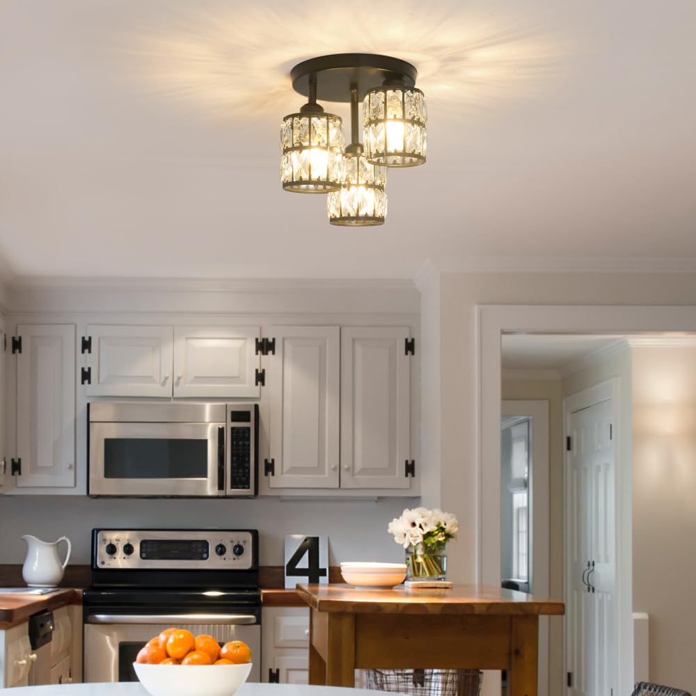 Modern Semi Flush Mount Ceiling Light, 3-Light Black Crystal Close To Ceiling Light Fixtures, Kitchen Light Fixtures With Clear