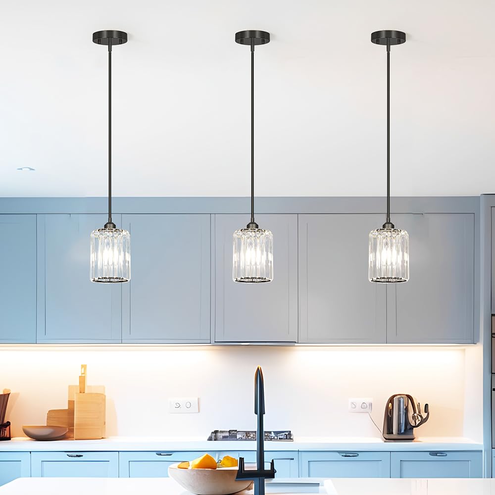 Black Kitchen Pendant Lights Over Island With Adjustable Rods - Crystal Pendant Lighting Fixtures For Sloped Ceiling  Ideal Over Dining Table Or Bar  E26 Bulb Compatible  No Electrician Needed